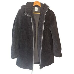 GAP Women's Black Cozy Teddy Fleece Hooded Zip Up Jacket  Size Medium Winter